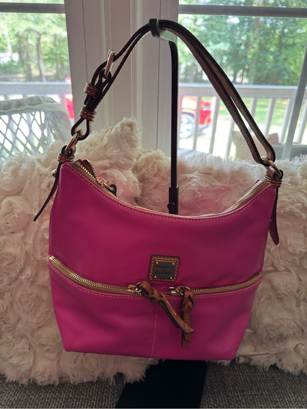 Dooney & Bourke Hot Pink Nylon Hobo Shoulder Bag | Leather Trim | Lightweight - Picture 3 of 9